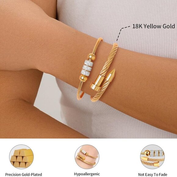 18K Gold Nail Bracelet Set, Adjustable Stackable Bangles for Women, Trendy Jewel - Picture 3 of 6